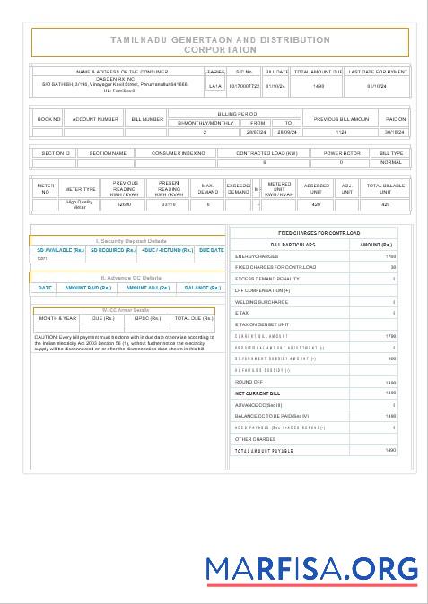 Realistic INDIA TAMILNADU business utility bill Word and PDF template